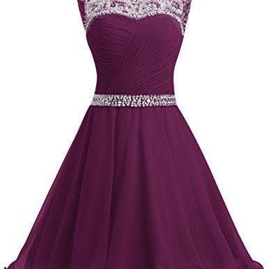Purple Short Chiffon Party Dresses With Crystals..
