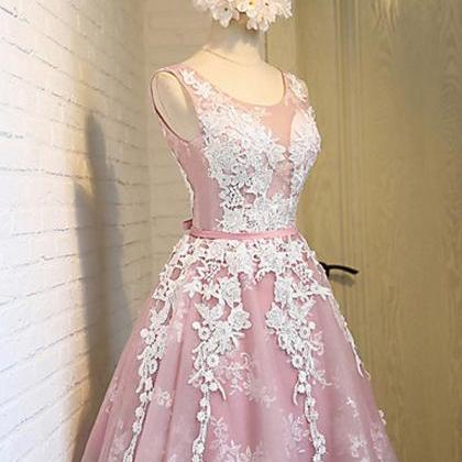 Pink Homecoming Dresses With White Lace, Round..