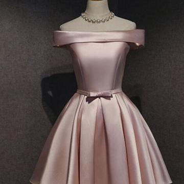 Pink Satin Off Shoulder Short Homecoming Dress..