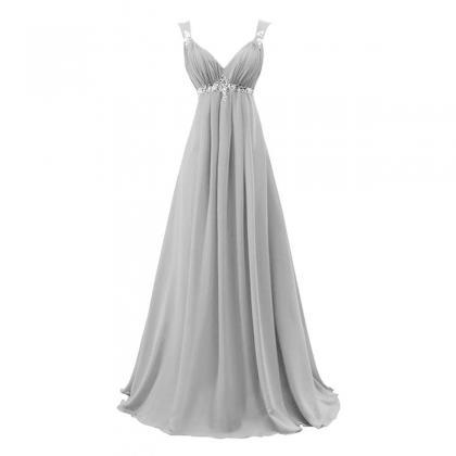 Light Grey Empire Waist Chiffon Evening Gowns..