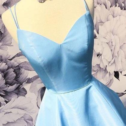Simple Blue Satin Long Prom Dress, Short V Neck..