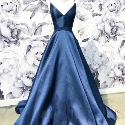 Simple V Neck Dark Blue Long Prom Dress,blue..