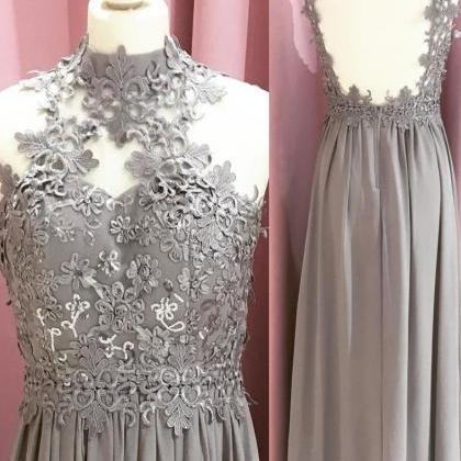 Elegant Grey Chiffon Lace Applique Prom..