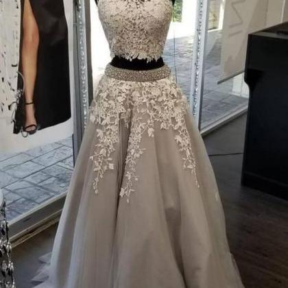 Gray Tulle Lace Beads Long Prom Dre..