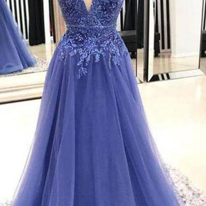 A-line V Neck Blue Tulle Prom/evening Dresses With..