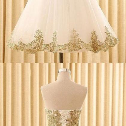 Luxury White Tulle Homecoming Dress,gold Appliques..