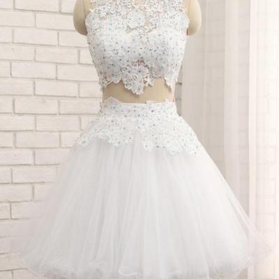 White Short Two Pieces Homecoming Dress,lace A..