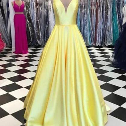 Elegant Satin A Line Yellow 2019 Prom Dresses Long..