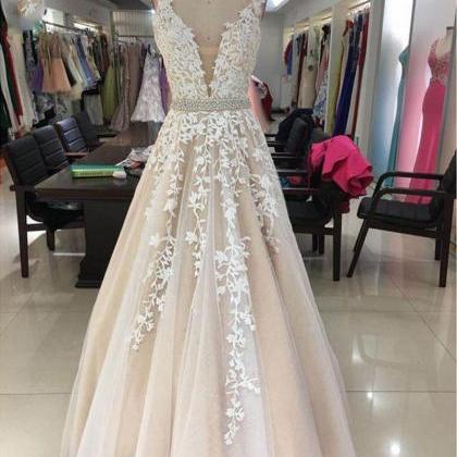 Elegant Lace A Line Prom Dresses Long,v Neck A..