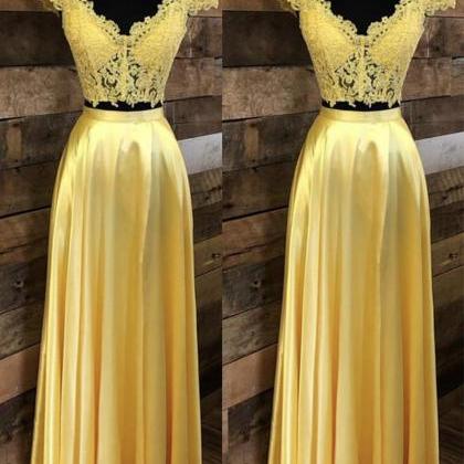 Yellow Crop Top Long Prom Dress Lace Off The..