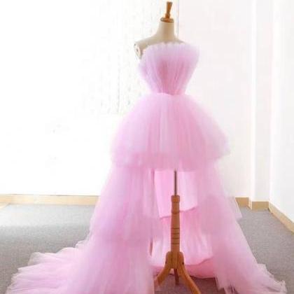 Pink Tulle Long Prom Dress,beautiful High Low..