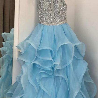 Bling A Line Round Neck Blue Long Prom Dresses..