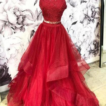 Two Piece Red Prom Dresses High Neck Evening..
