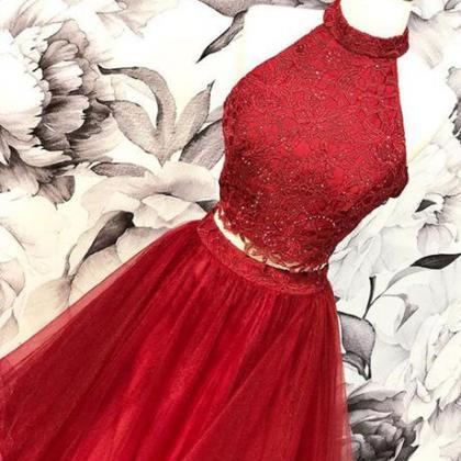 Two Piece Red Prom Dresses High Neck Evening..