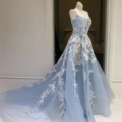 Gorgeous A Line Blue Prom Dresses Spaghetti Straps..
