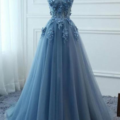 Blue Prom Dresses V Neck Appliques ..