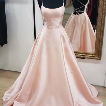Simple Pink Long Prom Dresses Spaghetti Straps..