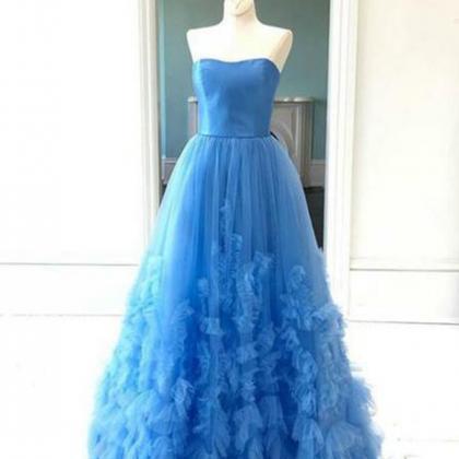 Blue Long Prom Dresses Strapless Appliques Evening..