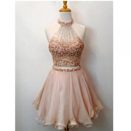 Cute Two-pieces Sleeveless Halter Blush Pink Short..
