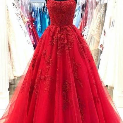 Red Spaghetti Straps Tulle Lace Appliques Evening..