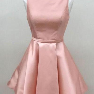 Simple A Line Pink Satin Scoop Short Prom Dresses..