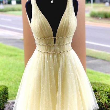 Yellow Sparkly Beading Short Prom Dresses Sequins..