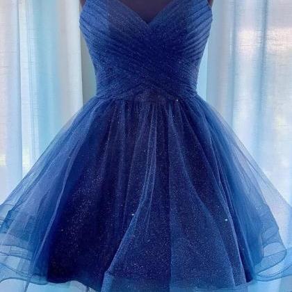Sparkly A-line V-neck Short Prom Dress Navy Blue..