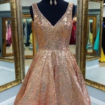 Sequins Short Prom Dress Gold A-line V-neck..