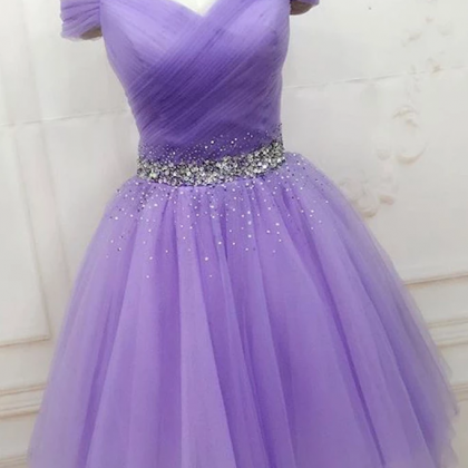 A-line Cap Sleeve Beaded Short Prom Dress Lilac..