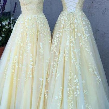 A-line Tulle Lace Long Prom Dress Back Open..