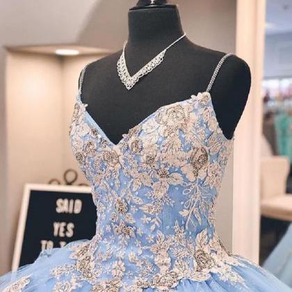 Pretty Ball Gown Sky Blue Shiny Lace Quinceanera..