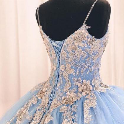 Pretty Ball Gown Sky Blue Shiny Lace Quinceanera..