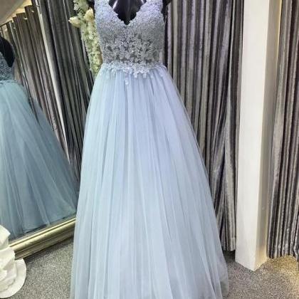 Light Blue V Neck Tulle Long Prom Dress Lace..