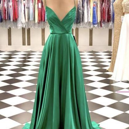 Simple Green Satin Long Prom Dresses Back Open A..