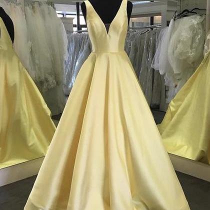 Beautiful Yellow V Neck Satin Long Prom Dress..