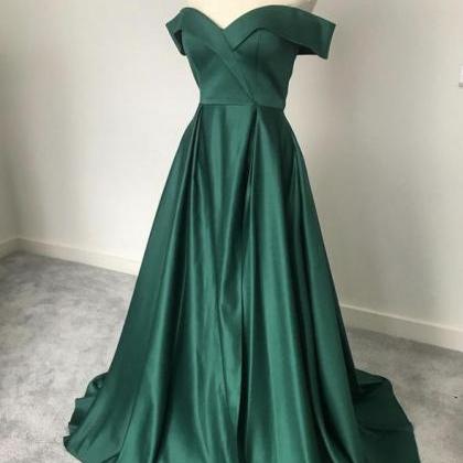 Green Satin Long Prom Dress Off Shoulder Sweep..