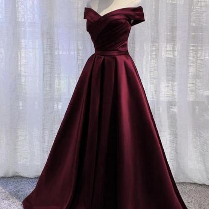 Burgundy A Line Satin Long Prom Dress Simple..