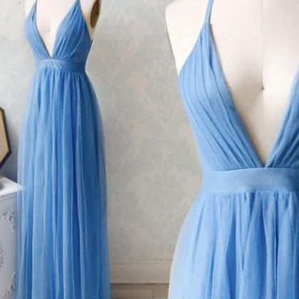Sexy Backless Blue V Neck Tulle Long Prom Dresses..