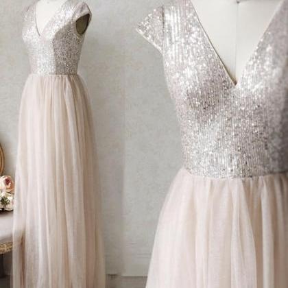 A Line V Neck Tulle Sequins Long Prom Dress..