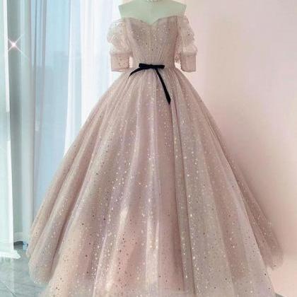 Champagne Pink Tulle Mid Sleeves Long Strapless..