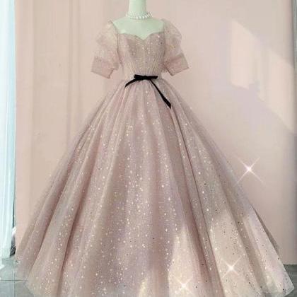Champagne Pink Tulle Mid Sleeves Long Strapless..