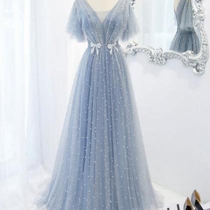Blue Tulle Beaded V Neck Long A Line Prom Dress..