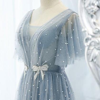 Blue Tulle Beaded V Neck Long A Line Prom Dress..