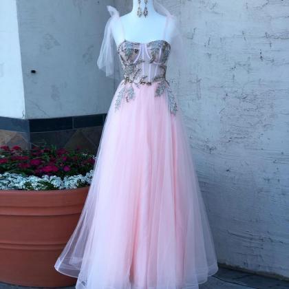 Pink Tulle Long Knot Spaghetti Strap Sequins..