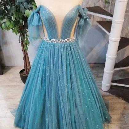 Green Tulle Crystal Off Shoulder Long Customize..