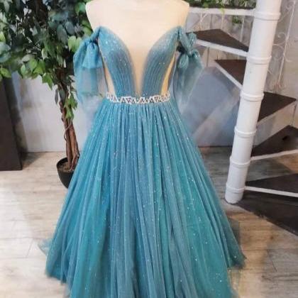 Green Tulle Crystal Off Shoulder Long Customize..