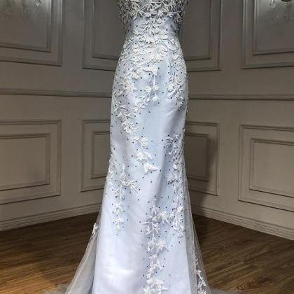 Light Blue Tulle Lace Appliques Long Mermaid Prom..