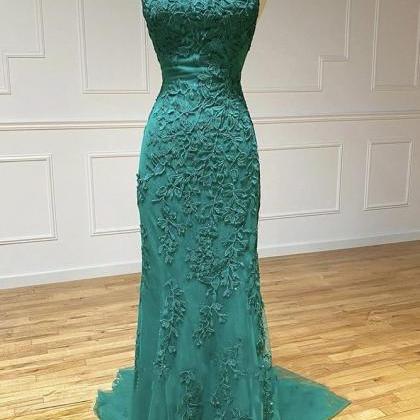 Green Lace Tulle Spaghetti Strap Long Mermaid Prom..