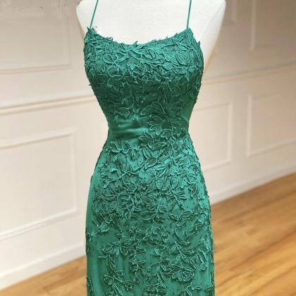 Green Lace Tulle Spaghetti Strap Long Mermaid Prom..