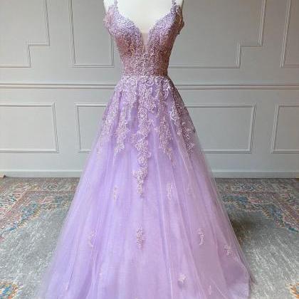 Lilac Tulle Long Prom Dresses A-line Custom..